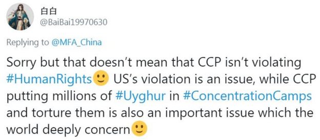 Tweet saying Sorry but that doesn't mean that CCP isn't violating #HumanRights US's violation is an issue, while CCP putting millions of #Uyghur in #ConcentrationCamps and torture them is also an important issue which the world deeply concern