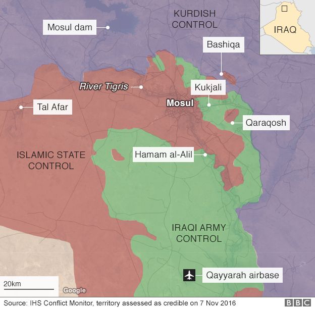 Map showing government forces advances around the Iraqi city of Mosul