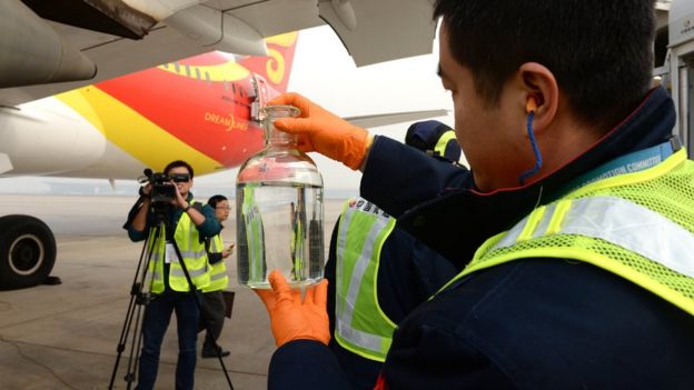 11月21日，在北京首都國際機場，工作人員在海南航空HU497航班的波音787客機前展示生物航煤