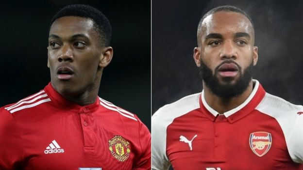 A split image of Manchester United forward Anthony Martial and Alexandre Lacazette