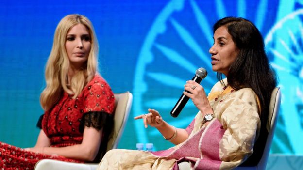 Advisor to the US President Ivanka Trump (L) looks on as Chanda Kochhar, Managing Director and CEO of ICICI bank limited speaks during a panel discussion at the Global Entrepreneurship Summit at the Hyderabad convention centre (HICC) in Hyderabad on November 29, 2017