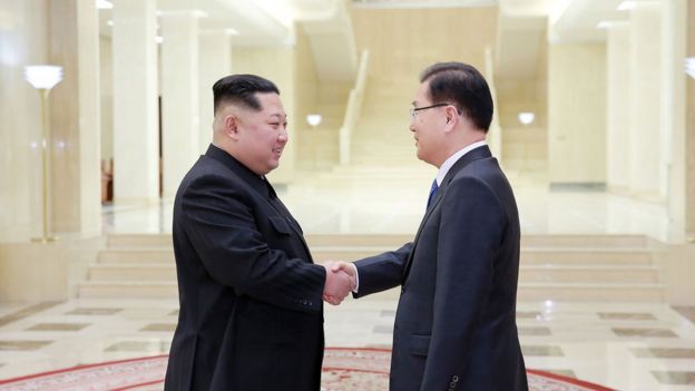 Kim Jong-un con Chung Eui-yong, jefe de la delegación surcoreana.