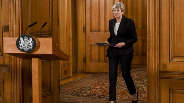British Prime Minister Theresa May arrives to make a statement inside number 10 Downing Street