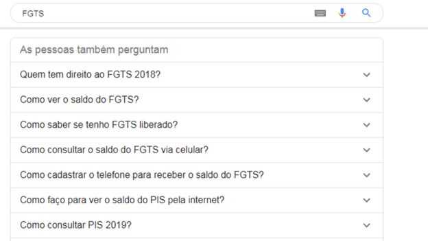 Reprodução de principais perguntas no Google relacionadas ao termo FGTS
