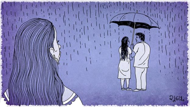 Illustration of a woman looking at a couple under an umbrella