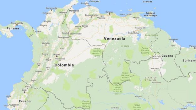 Mapa que muestra la ubicación de Venezuela y Colombia.