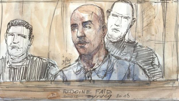 A court sketch showing French armed robber Redoine Faid on 27 February 2018 during his trial at the Assise courthouse in Paris