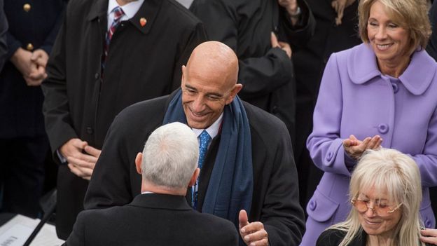 Inauguration chairman Tom Barrack Jr greets Mike Pence before Mr Trump's swearing-in ceremony