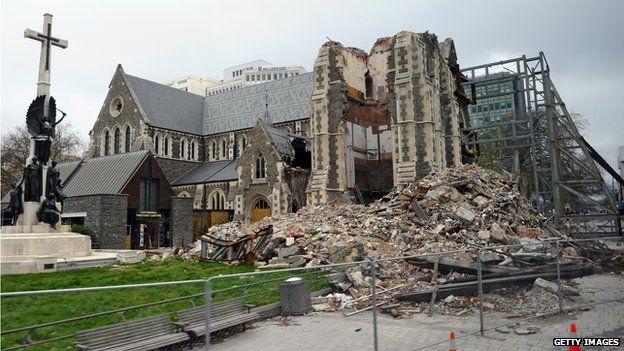 Christchurch Cathedral in ruins following the earthquake
