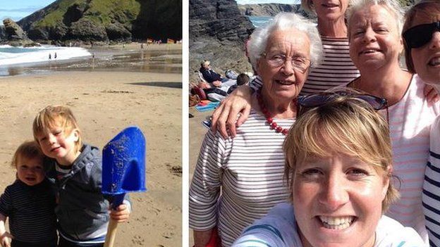 Pedair cenhedlaeth mewn streips ar draeth Llangrannog - Hoff Le Rhiannon Lewis
