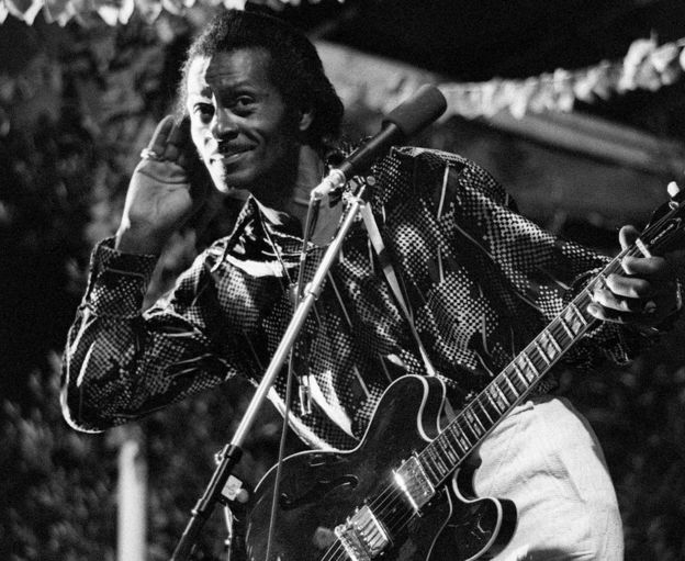 This file photo taken on July 10, 1981 shows US rock singer Chuck Berry performing in Nice, France during the