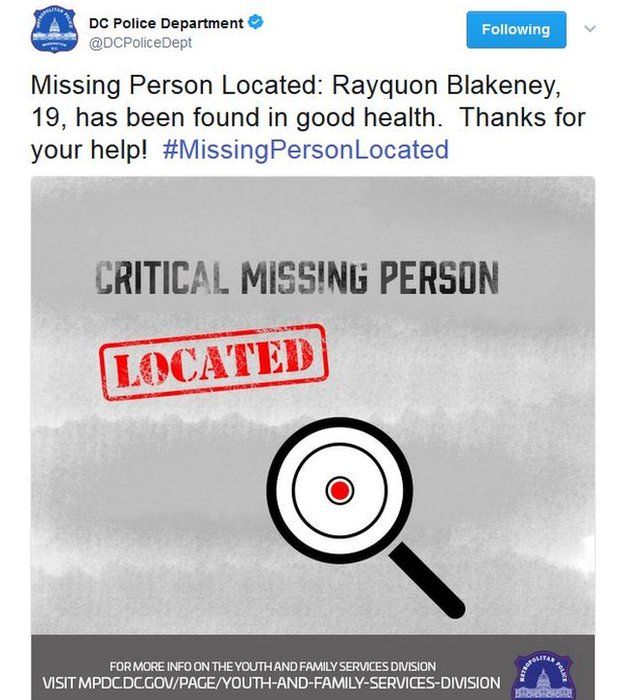 Tweet: Missing person located: Rayquon blakeney