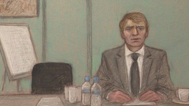 Court sketch showing the empty chair where key witness Dmitry Kovtun should have been seated, but he was absent. Right of frame is the (unnamed) man running the video link from Moscow