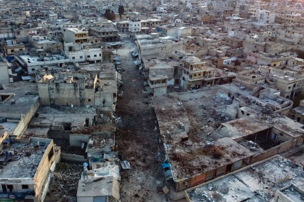 Aerial view of the town of Atareb in the Syrian province of Aleppo (18 February 2020)