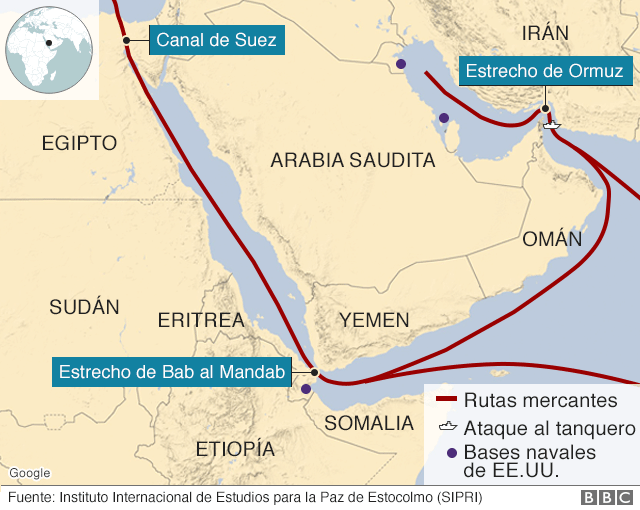 Mapa con las rutas mercantes en el golfo Pérsico.