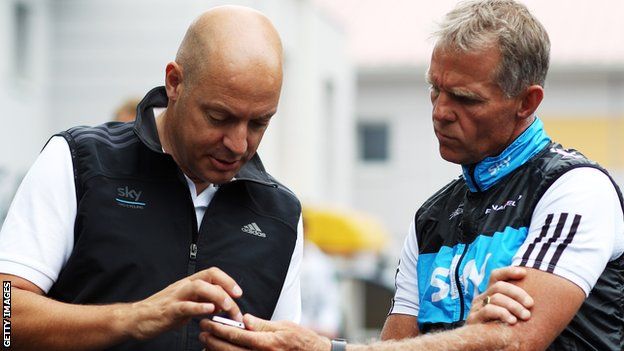 Team SKY Principal Dave Brailsford (l) and Director Sportif Shane Sutton prepare a training ride on the second rest day of the 2010 Tour de France