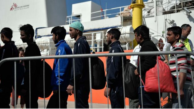 Migrants from the MV Aquarius at a port in Sicily on 10 May 2018