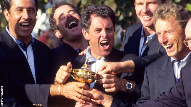 Seve Ballesteros, Sam Torrance, captain Bernard Gallacher, Nick Faldo and Bernhard Langer celebrate Europe's victory in 1995