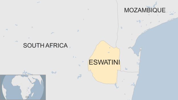 Map showing the location of eSwatini in relation to South Africa and Mozambique