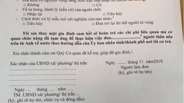 A portion of a consent form offered by the Vietnamese government to the families of the victims of the Essex lorry incident