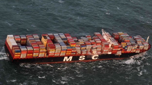 Handout aerial photo made available by the Central command for maritime emergencies (Havariekommando) on January 2, 2019 shows the container ship MSC ZOE