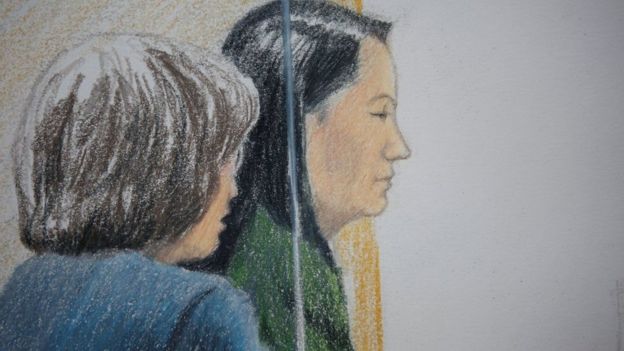 Hình phác họa trong phiên tòa Tối cao của British Columbia đối với bà Mạnh Vãn Chu