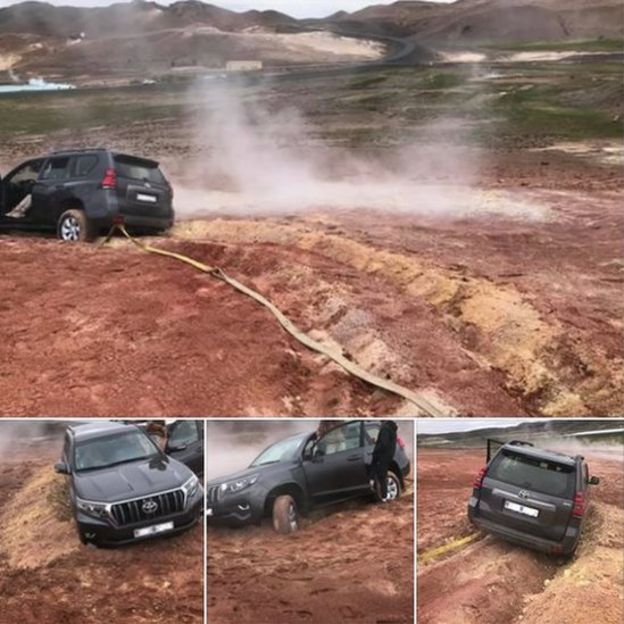 Imagem mostra carro sendo rebocado na Islândia