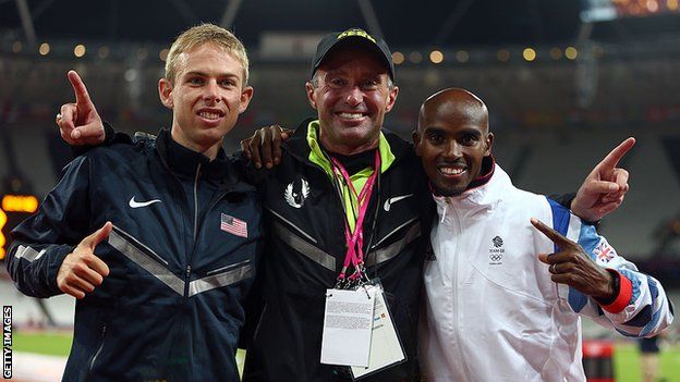 Salazar (centre) alongside Farah (right) and training partner Galen Rupp (left) at the London 2012 Olympics