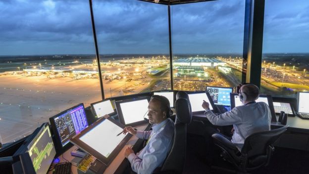 Controllers in the tower at Stansted Airport
