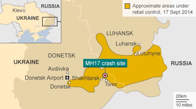 Map showing the crash site of flight MH17 and the areas of east Ukraine under rebel control