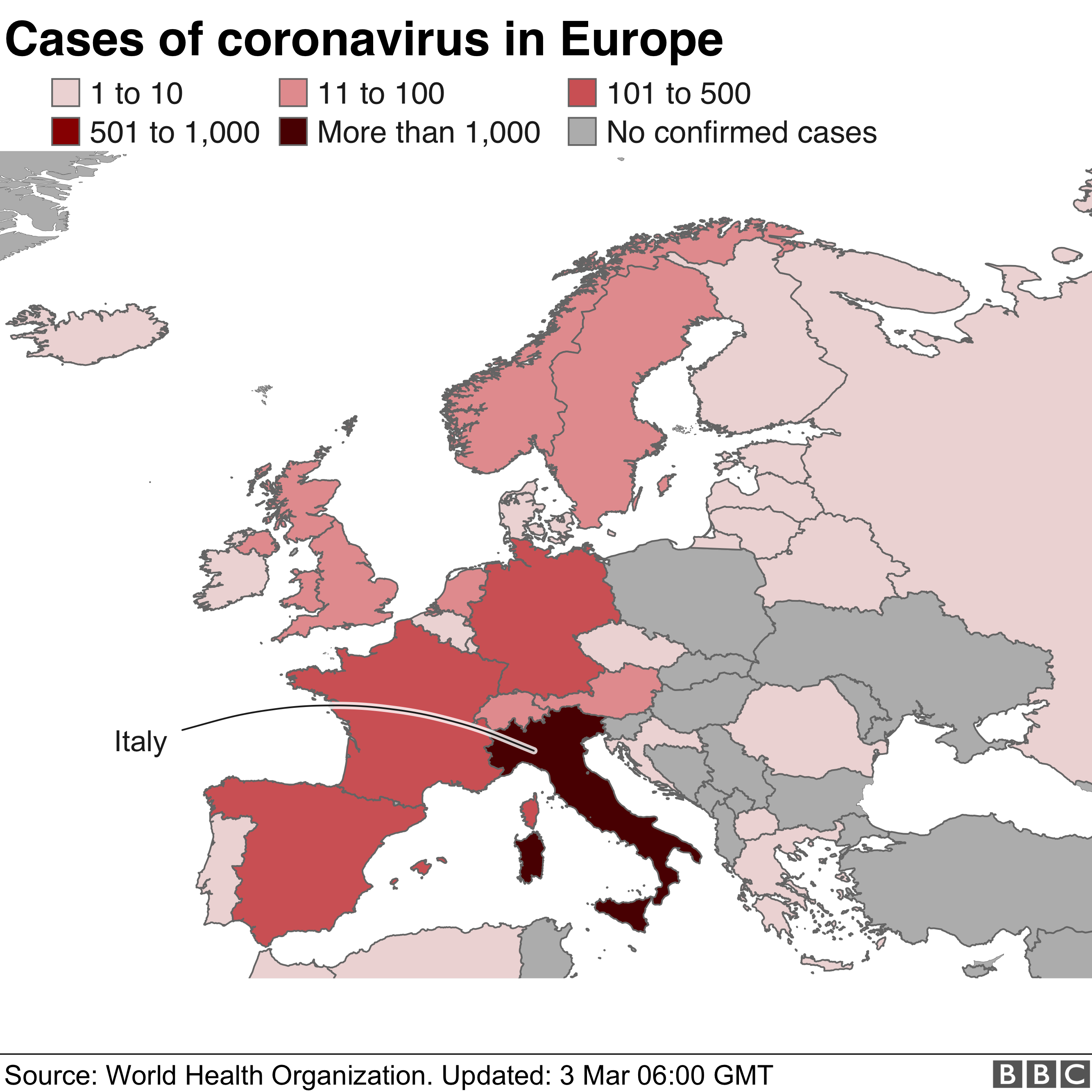 European coronavirus map 3 March 2020