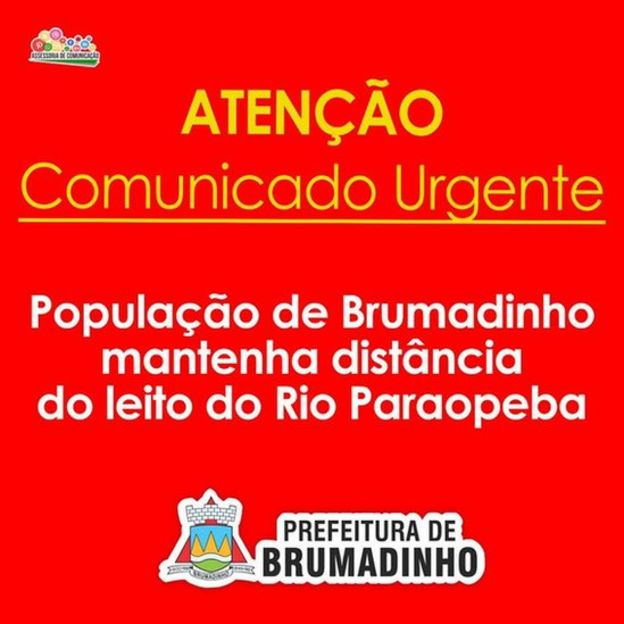 Mensagem de alerta publicada pela Prefeitura de Brumadinho no Facebook