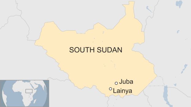 A map of South Sudan showing the capital Juba and the nearby town of Lainya, in Lainya County.