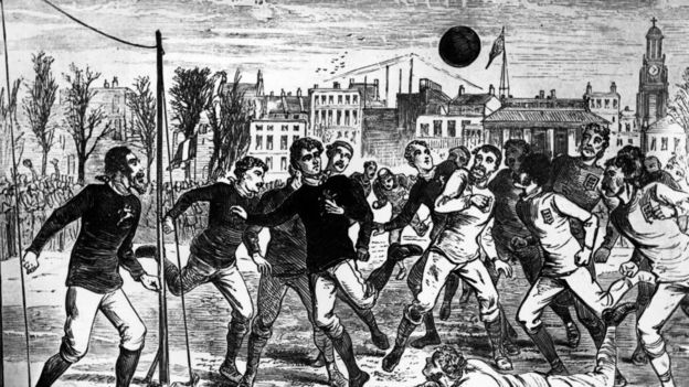 Ilustração de jogo de futebol na antiguidade