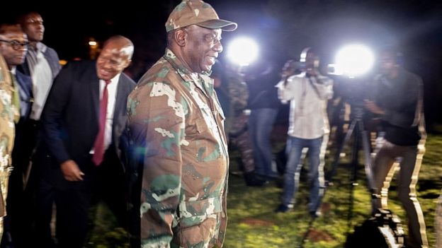 South African President Cyril Ramaphosa arrives at Diepkloof Army Base to address soldiers prior to their deployment in Johannesburg, 26 March 2020