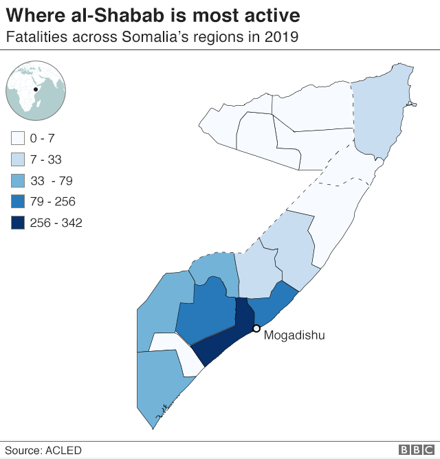 The regions where al-Shabab is most active