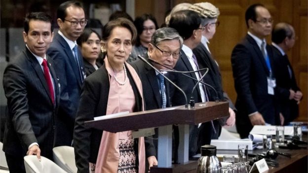 Myanmar State Counselor Aung San Suu Kyi (C) appears before the International Court of Justice (ICJ) at the Peace Palace in The Hague, Netherlands, 10 December 2019.