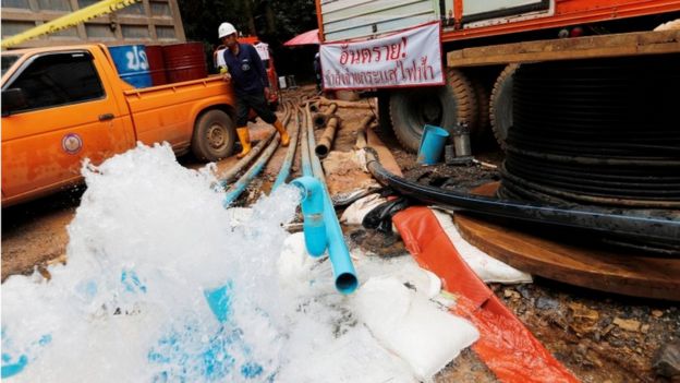 Water pumped out of the cave system in Tham Luang