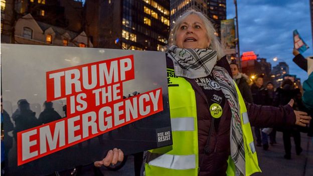 یک معترض بروی پلاکارد خود نوشته "ترامپ خودش یک وضعیت اضطراری" است