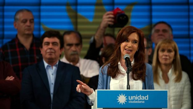 Argentina's former President Cristina Fernandez de Kirchner gives a speech near Buenos Aires