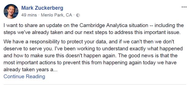 Pantallazo del comunicado de Mark Zuckerberg en Facebook (Foto: Facebook)