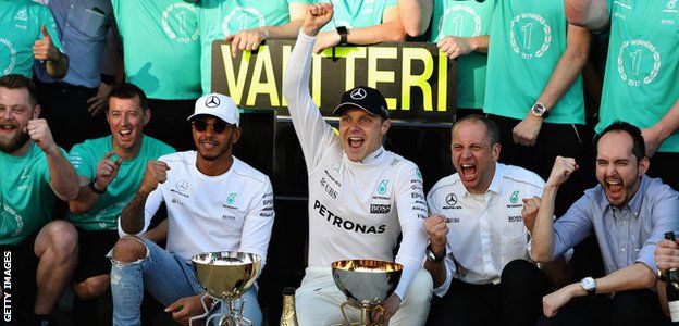 Lewis Hamilton and Valtteri Bottas of Mercedes
