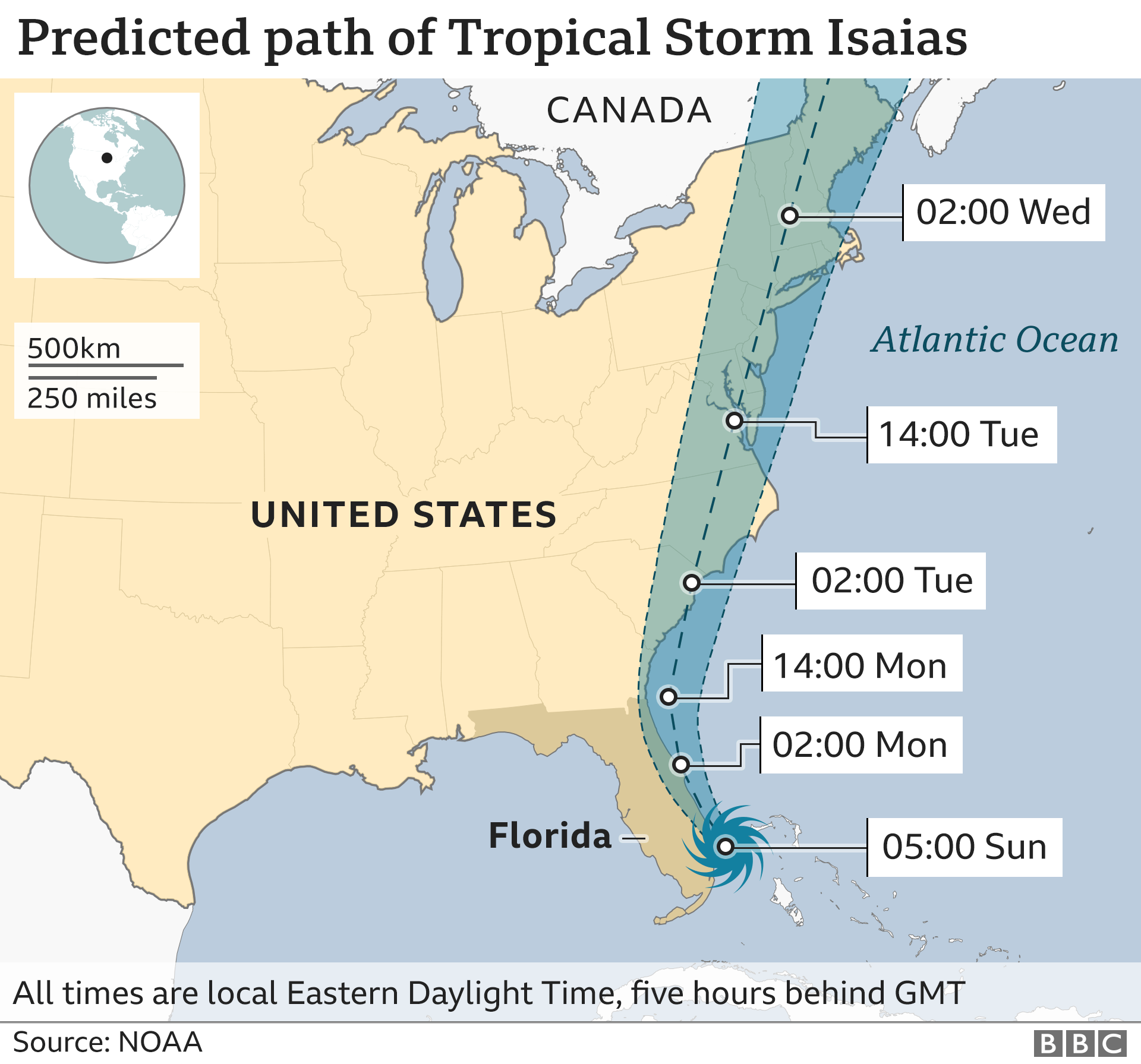 Graphic showing the predicted path of Tropical Storm Isaias as of 07:00 EDT, Sunday 2 August