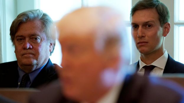 Trump advisers Steve Bannon (back L) and Jared Kushner (back R) listen as U.S. President Donald Trump meets with members of his Cabinet at the White House in Washington, U.S., June 12, 2017