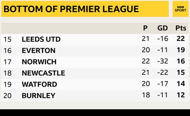 Snapshot of the bottom of the Premier League: 15th Leeds, 16th Everton, 17th Norwich, 18th Newcastle, 19th Watford & 20th Burnley