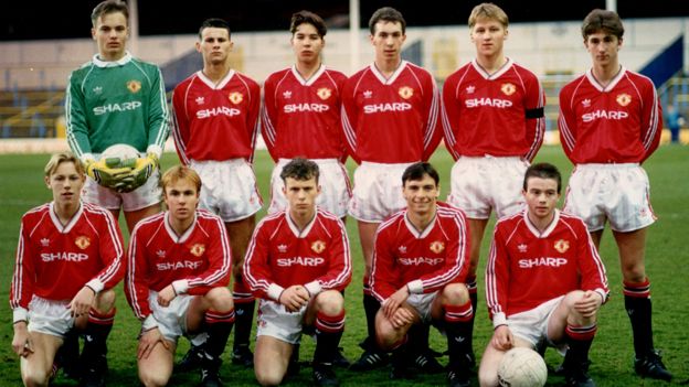 Adrian Doherty (front row, far right) lines up in a Manchester United youth team featuring Ryan Giggs.
