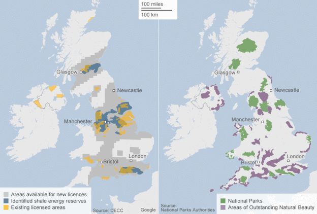 Map showing areas available for licences and National Parks and AONBs