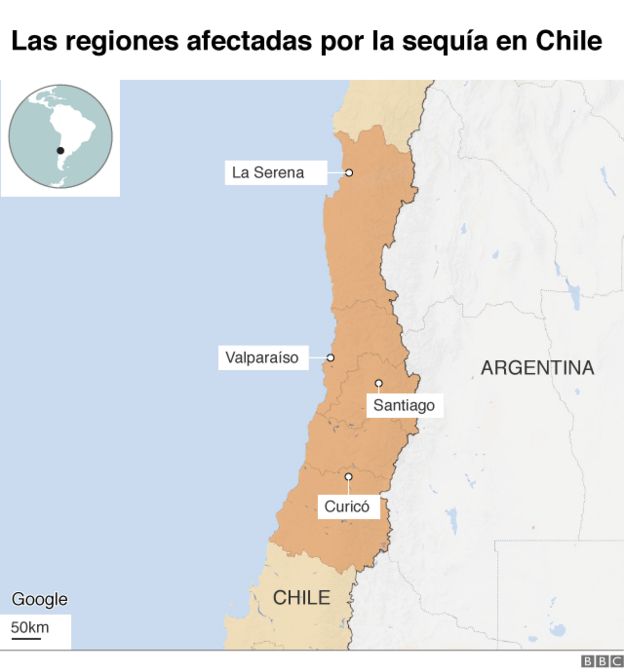 Mapa regiones sequía Chile.