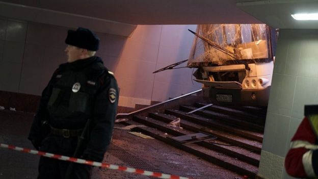 General view of the scene of a crash involving a passenger bus that swerved off course and drove into a busy pedestrian underpass in Moscow, Russia, December 25, 2017