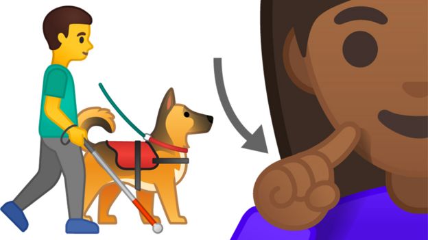 Un hombre con bastón, un perro de servicio y una persona señalando su sordera.